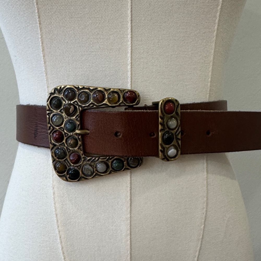 Fina Firenze Italian Leather Belt with Stone-Embellished Brass Buckle – 40”